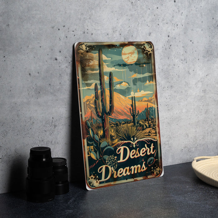 a metal sign that says desert dreams on it