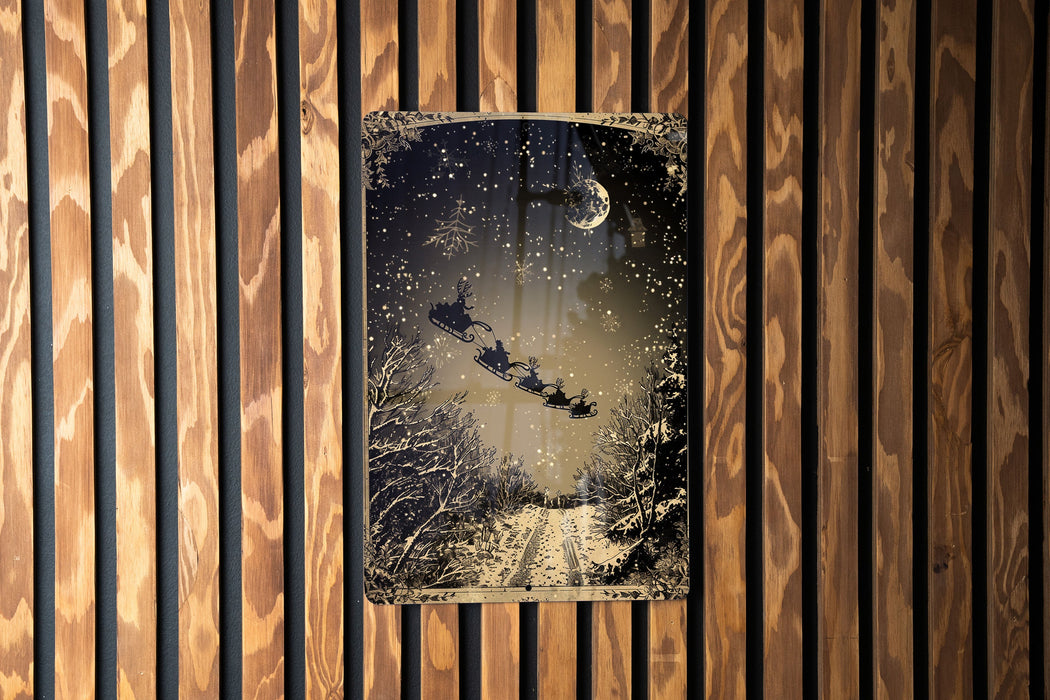 a wooden wall with a picture of a person on a sleigh