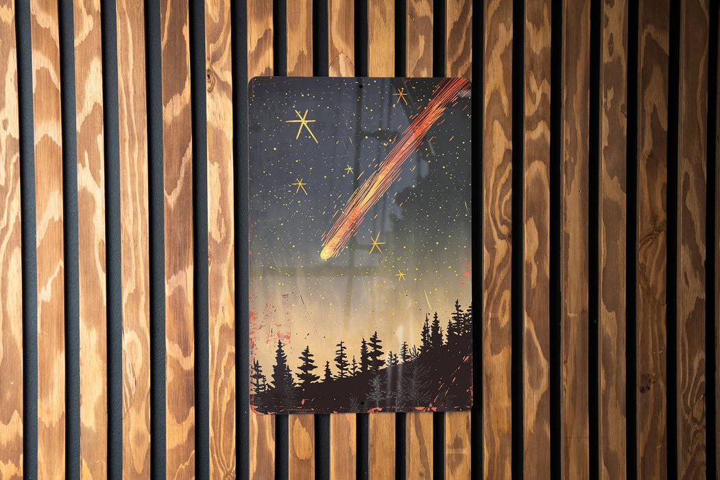 a painting of a comet is hanging on a wooden wall