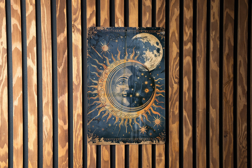 a picture of a woman's face on a wood paneled wall