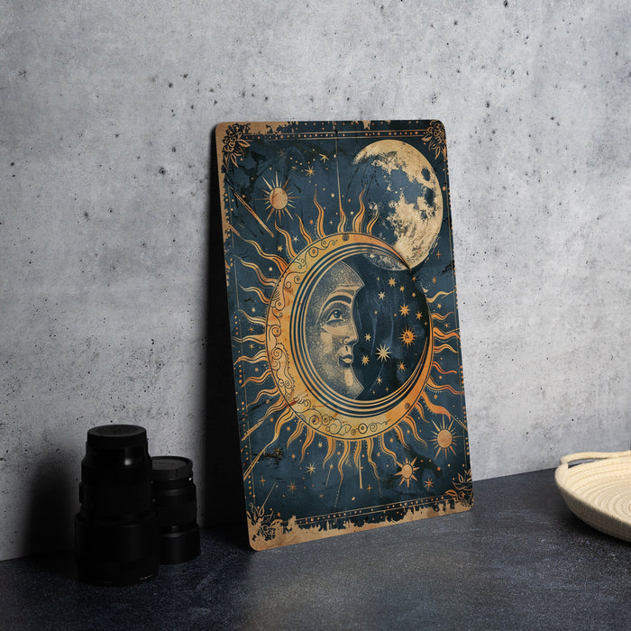 a picture of a man's face with a sun and moon on it