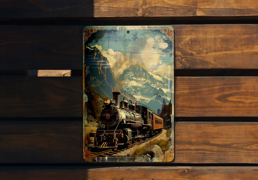 a painting of a train on a wooden bench
