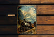 a painting of a train on a wooden bench