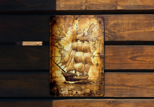 a picture of a ship on a wooden wall
