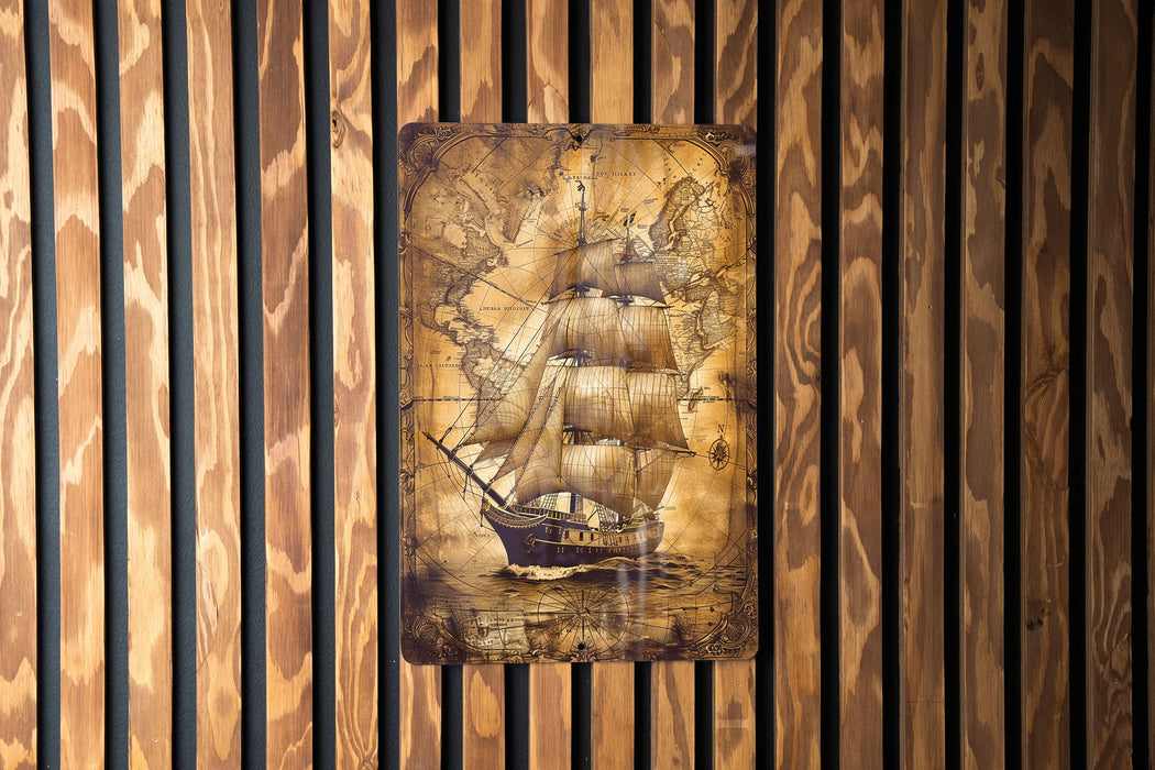 a picture of a ship on a wooden wall