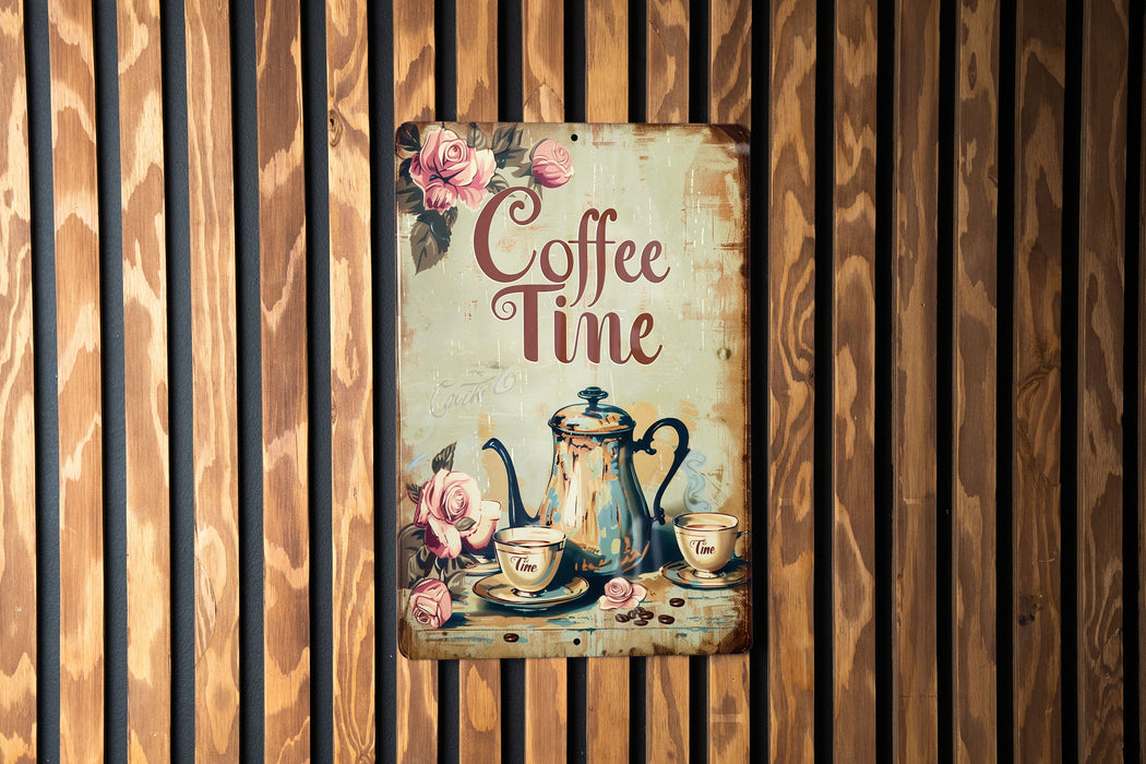 a sign on a wooden wall that says coffee time
