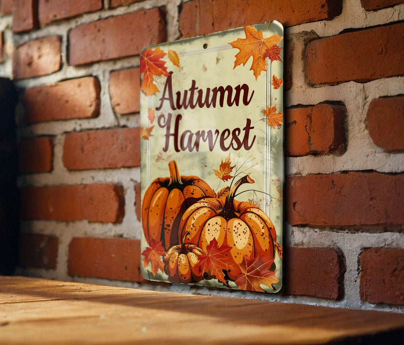 a sign on a brick wall that says autumn harvest