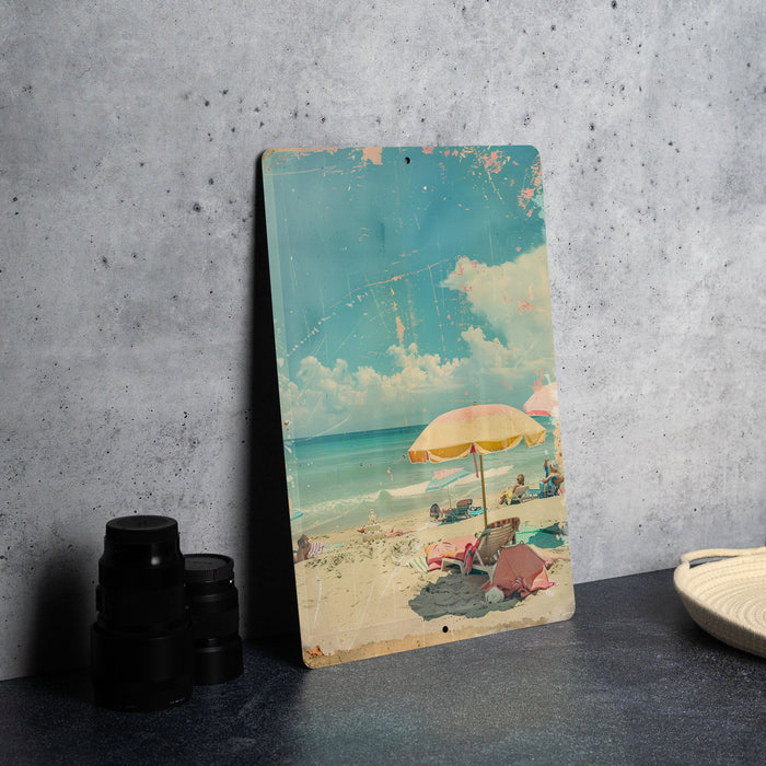 a painting of a beach scene with a yellow umbrella