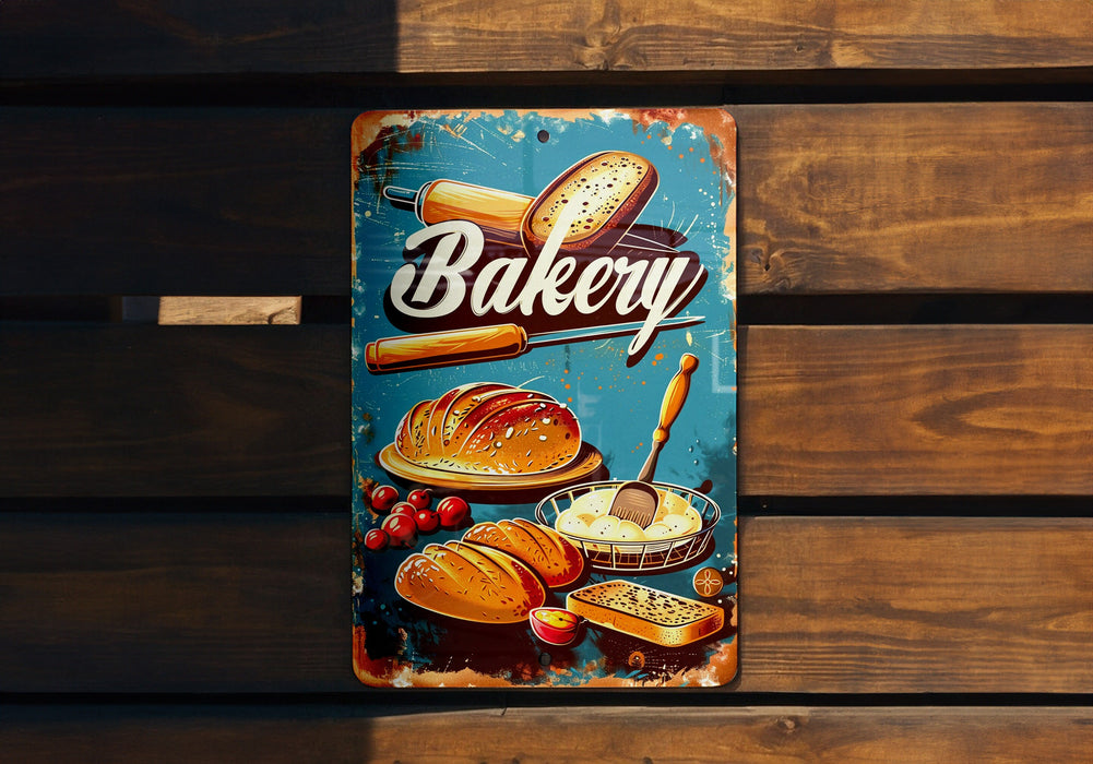 a sign on a wooden bench that says bakery