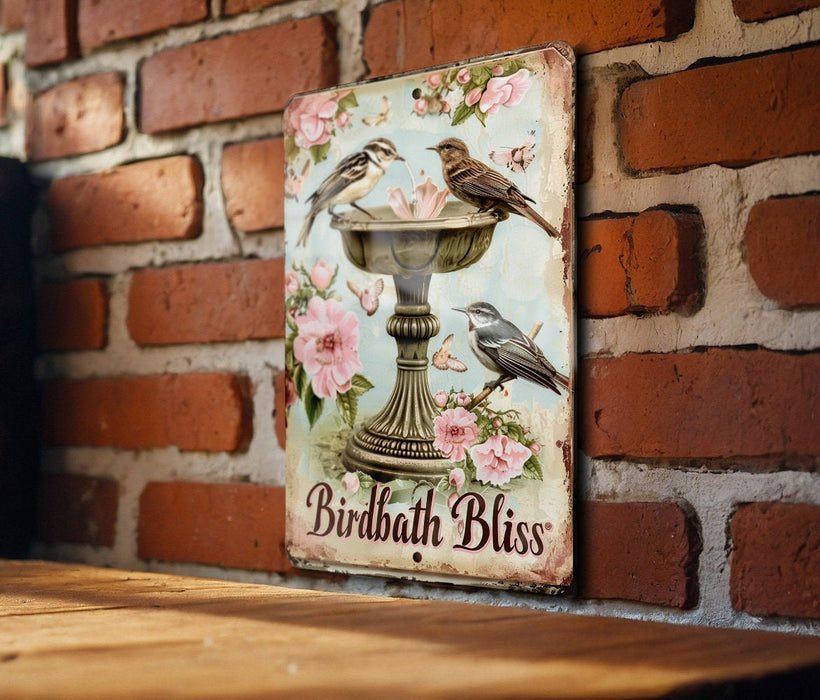 a painting of two birds on a birdbath on a brick wall
