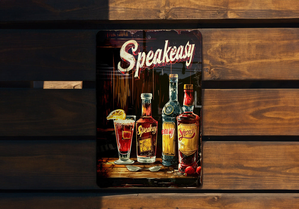a wooden bench with a sign that says speakeasy