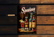 a wooden bench with a sign that says speakeasy