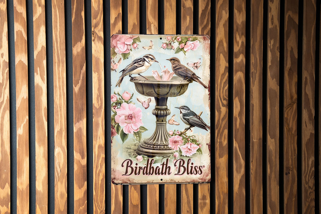 a painting of two birds on a bird bath