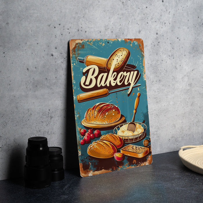 a bakery sign sitting on top of a table