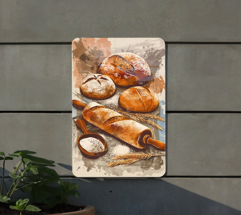 a painting of bread and other pastries on a wall