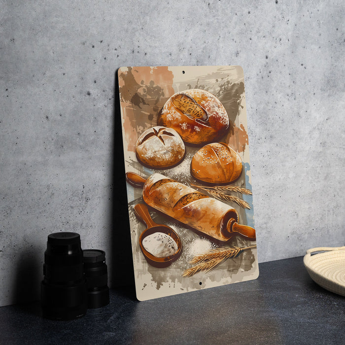 a painting of pastries on a table next to a plate of bread