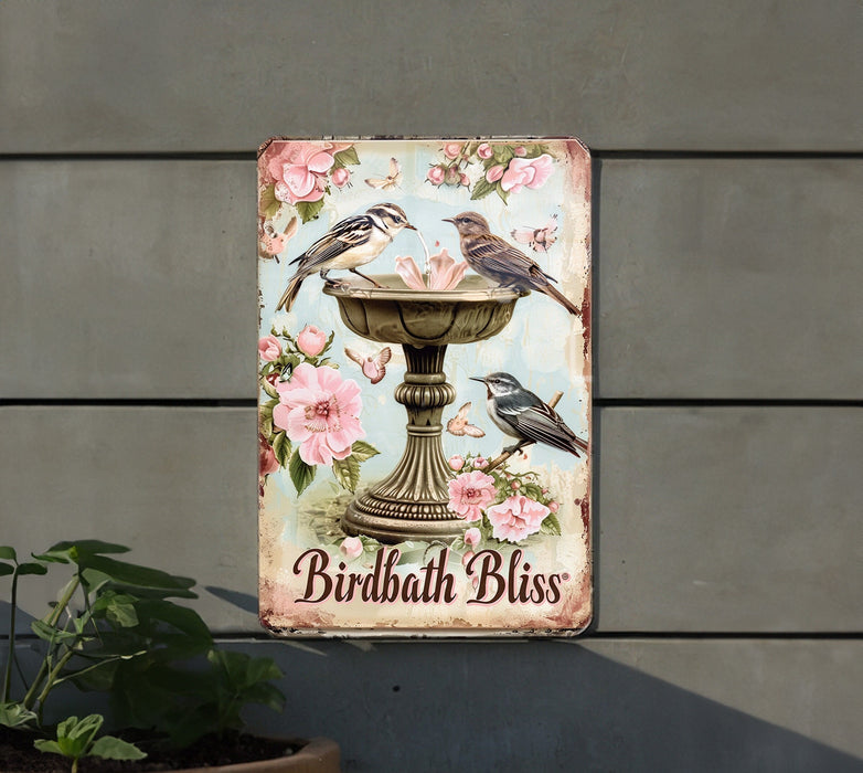 a birdbath bliss sign hanging on the side of a building