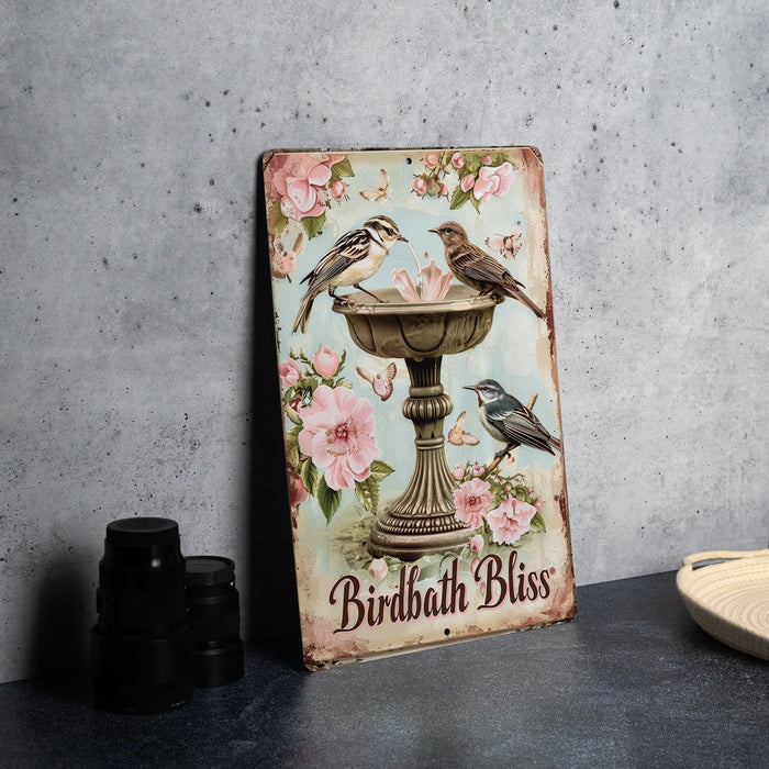 a painting of two birds sitting on a birdbath