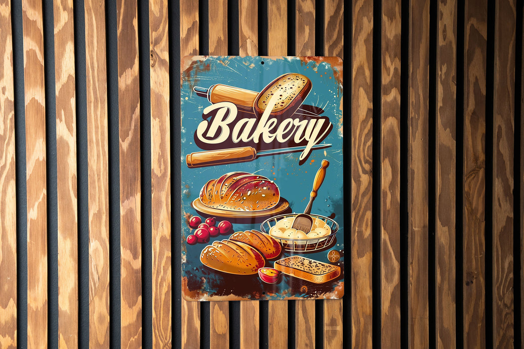 a bakery sign hanging on a wooden wall