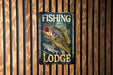 a fishing lodge sign on a wooden wall