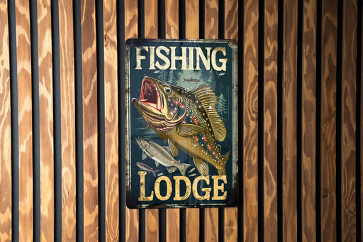 a fishing lodge sign on a wooden wall