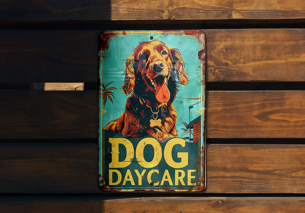 a dog day care sign on a wooden wall