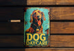 a dog day care sign on a wooden wall