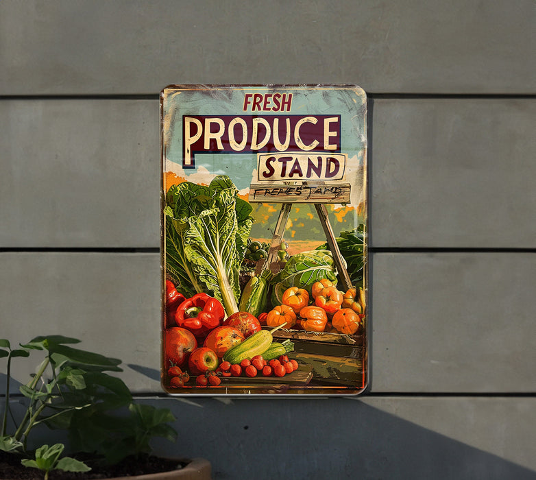 a fresh produce stand sign hanging on a wall