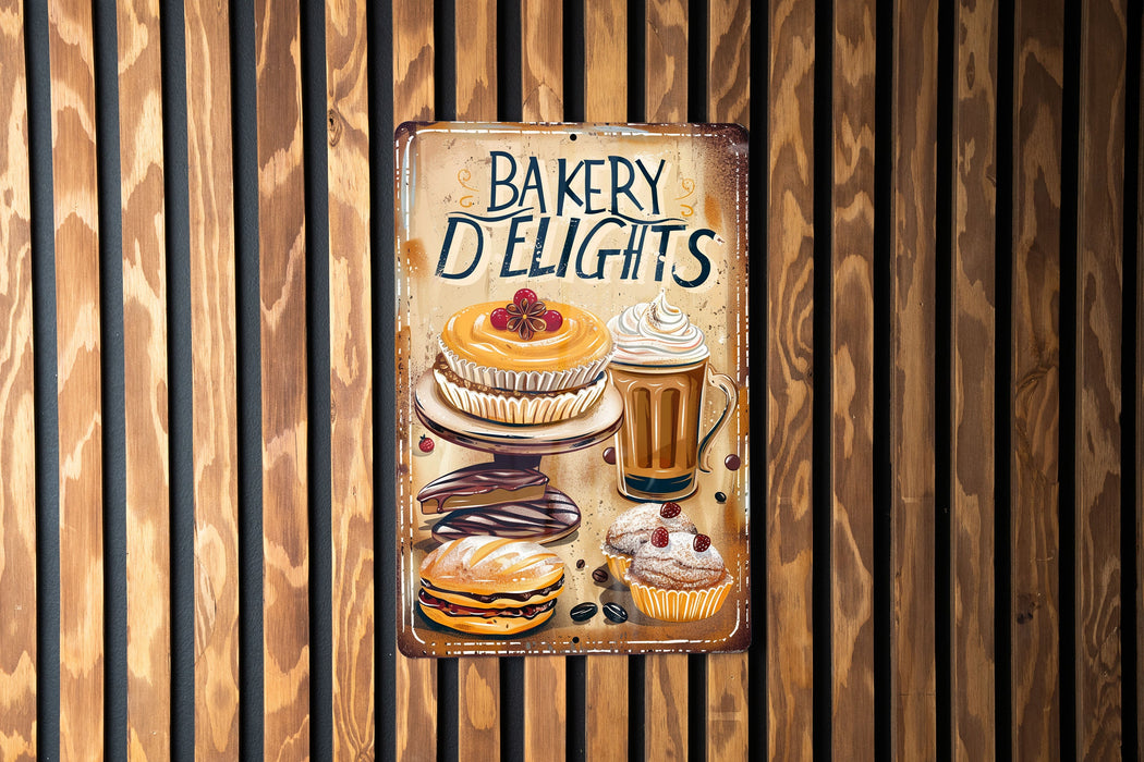 a bakery sign hanging on a wooden wall