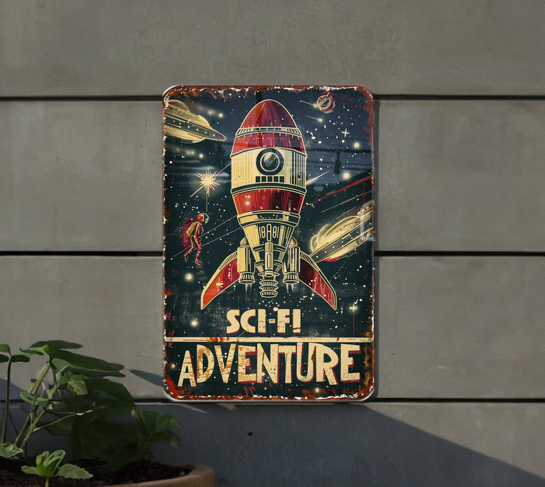a metal sign that says scifi adventure on it
