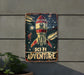 a metal sign that says scifi adventure on it