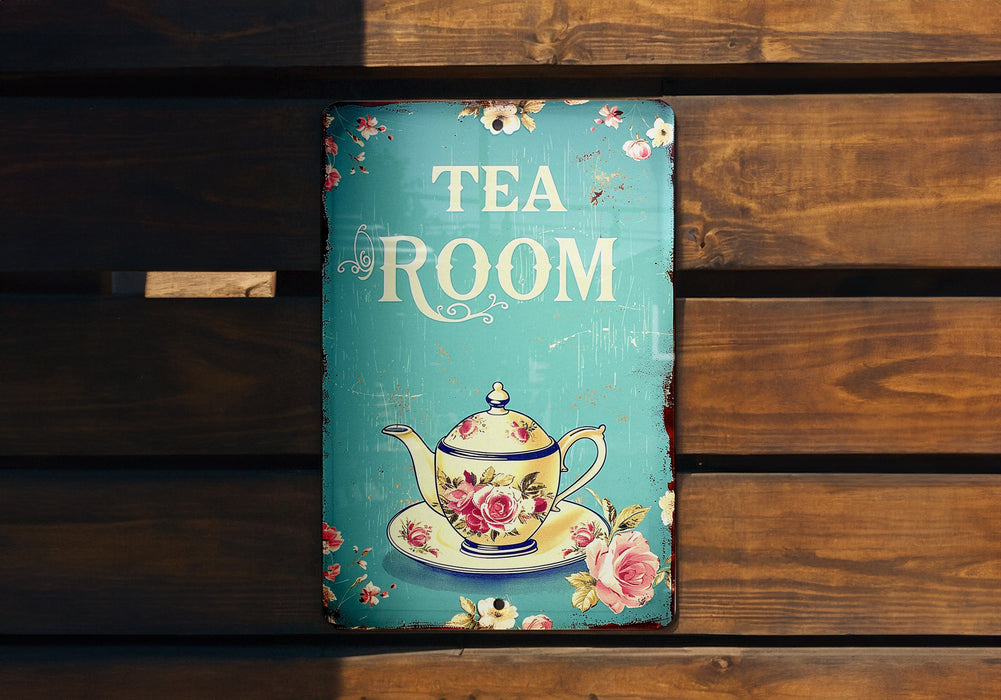a tea room sign hanging on a wooden wall
