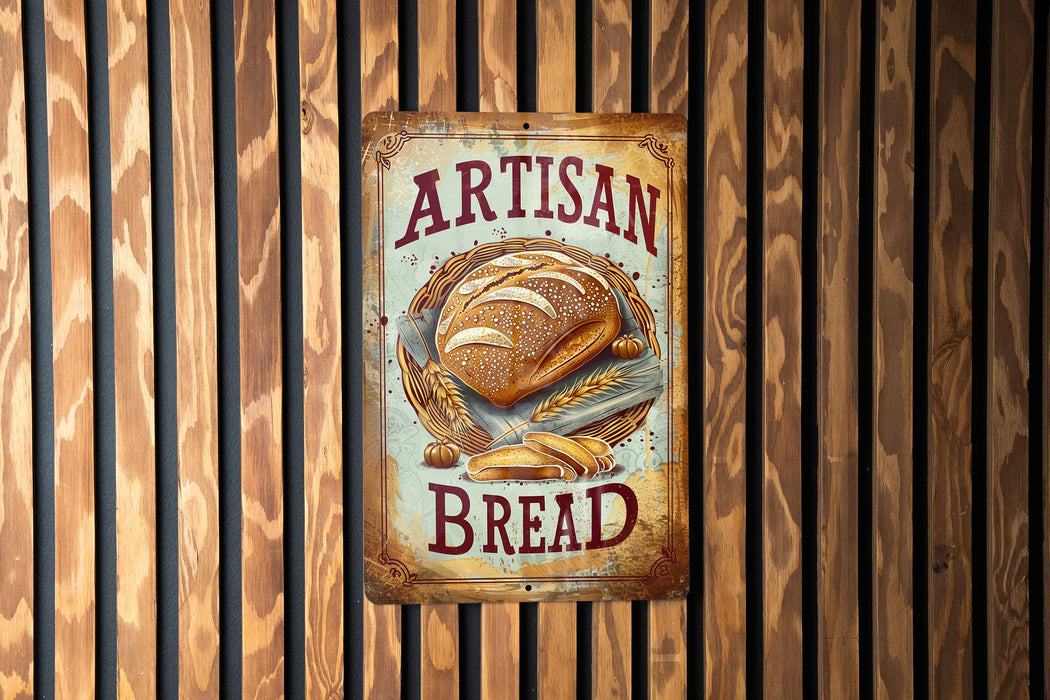 a sign on a wooden wall that says artisan bread