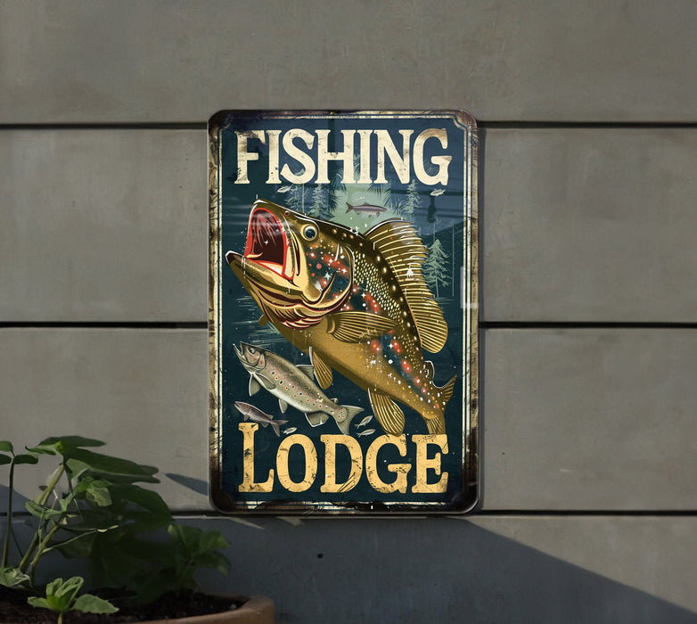 a fishing lodge sign hanging on the side of a building