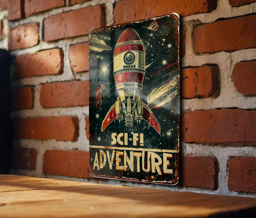 a sign on a brick wall that says sci - fi adventure
