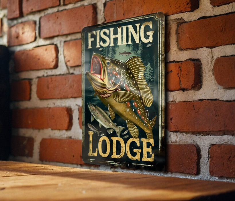 a sign on a brick wall that says fishing lodge