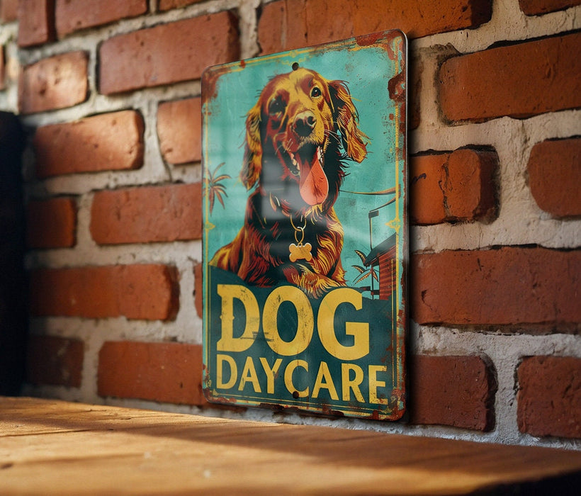 a dog day care sign on a brick wall