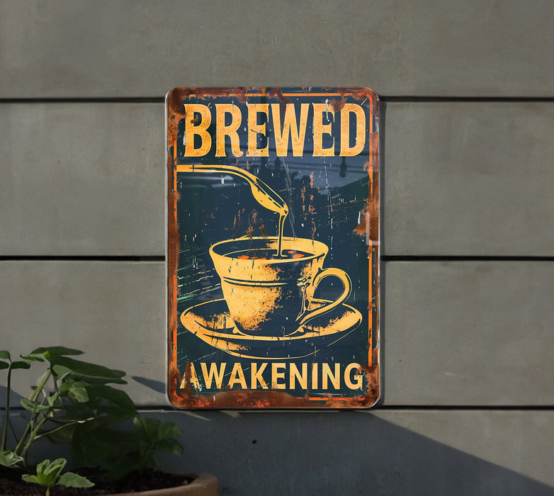 a sign on the side of a building with a cup of coffee being poured into