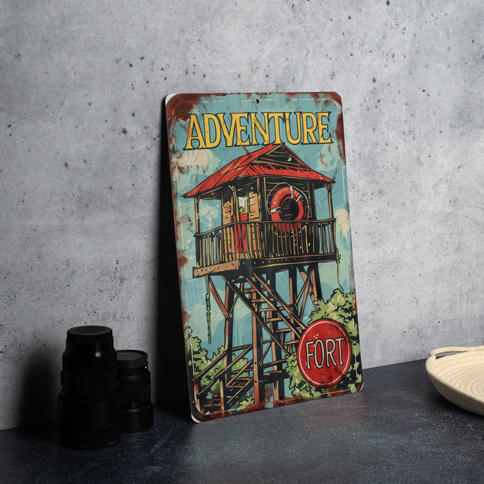 a metal sign with a picture of a tower on it