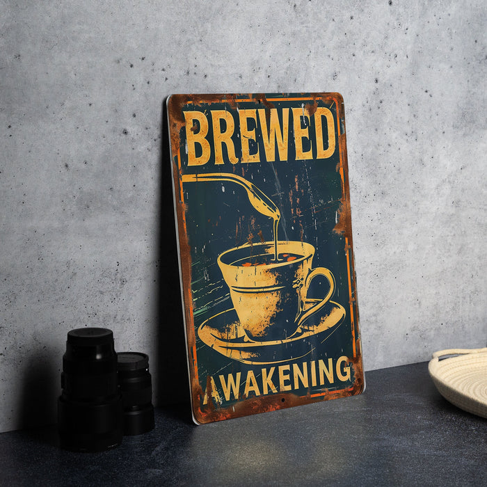 a sign on a table with a cup of coffee