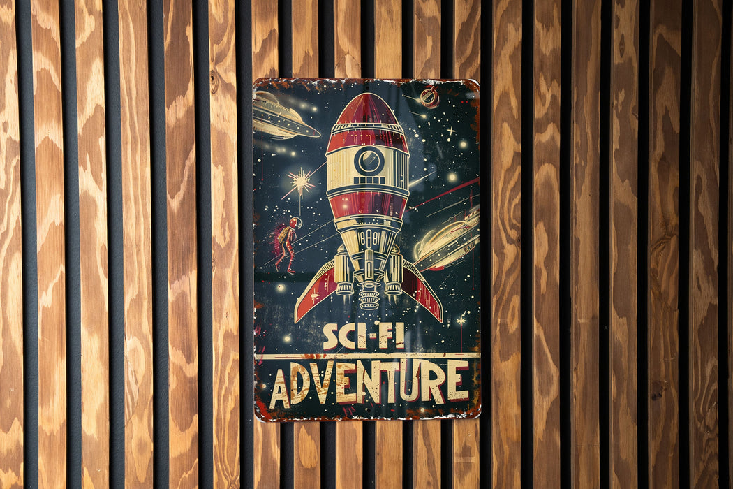 a wooden wall with a sign on it that says sci - fi adventure