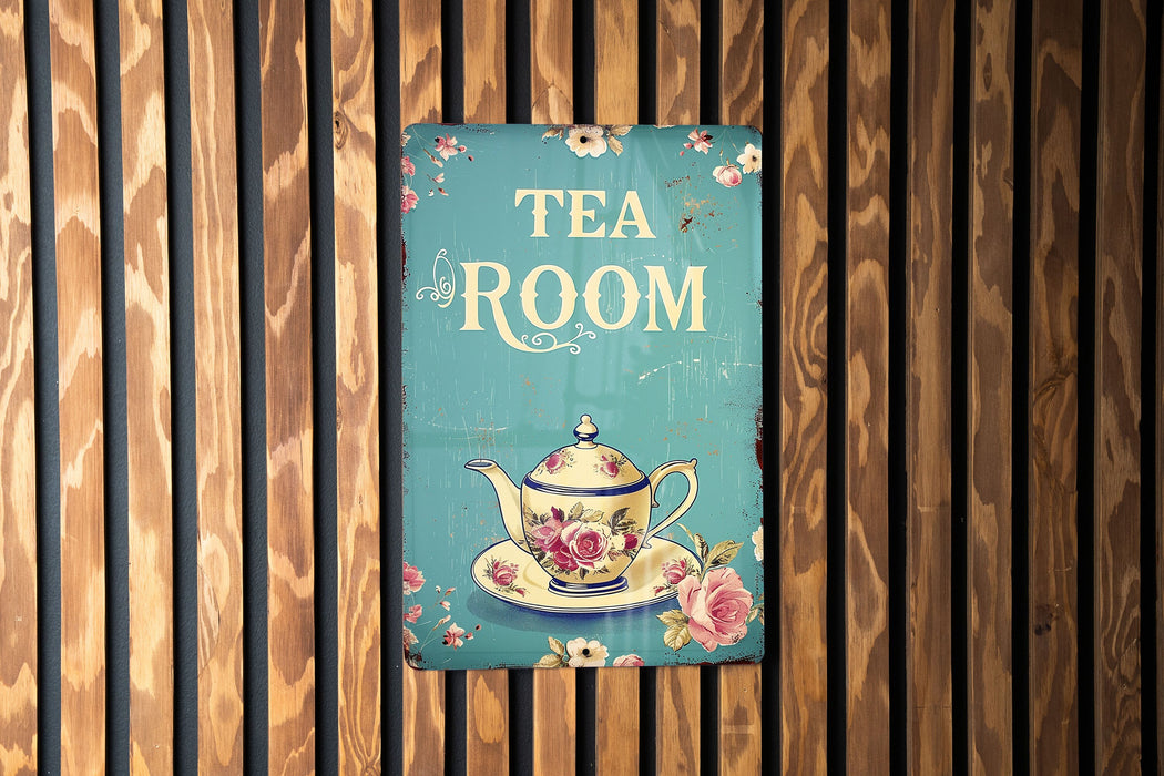 a tea room sign on a wooden wall