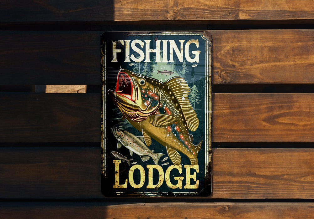 a sign on the side of a building that says fishing lodge