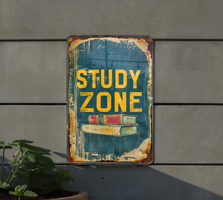 a rusty sign that says study zone on it