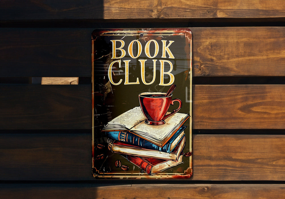 a book club sign on a wooden bench