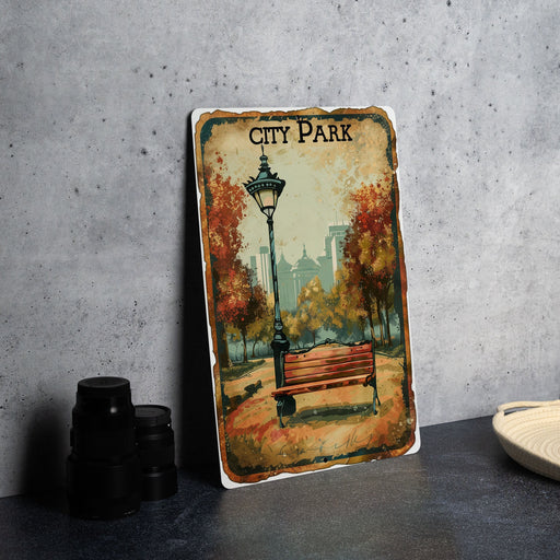 a picture of a city park with a bench