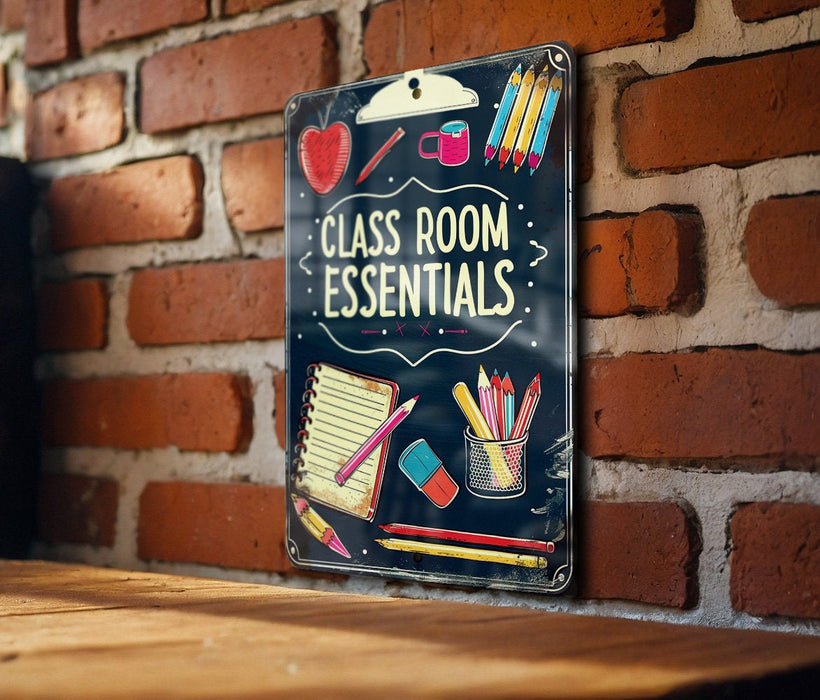 a sign on a brick wall that says class room essentials