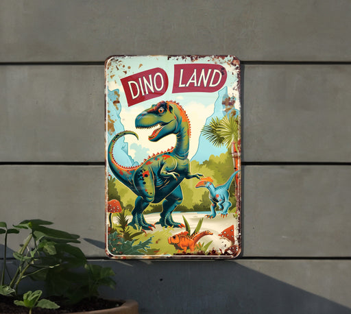 a metal sign that says dino land on it