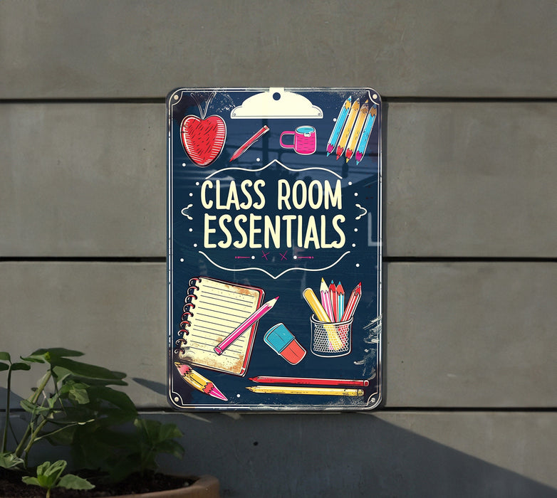 a sign on a wall that says class room essentials