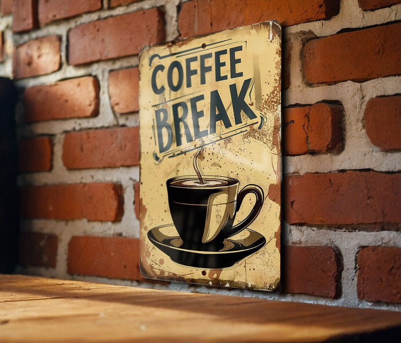 a coffee break sign on a brick wall